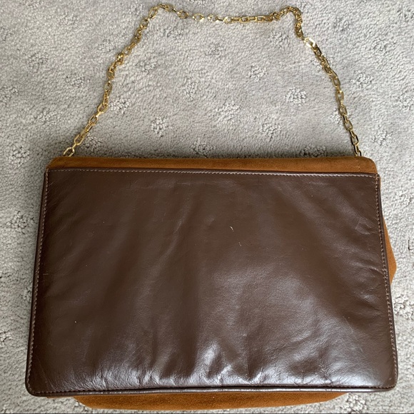 VINTAGE FRENCHY OF CALIFORNIA BROWN SUEDE ENVELOPE  PURSE WITH GOLD CHAIN - Picture 3 of 7